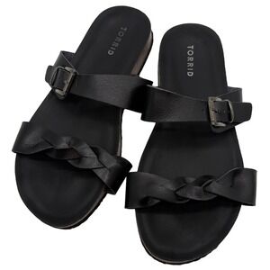 Torrid Womens Black Braided‎ Buckle Slide Sandals Open Toe Flat Summer goth boho